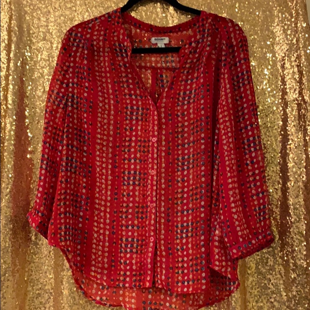 Old Navy Sheer Button Down Polka Dot Blouse Size L